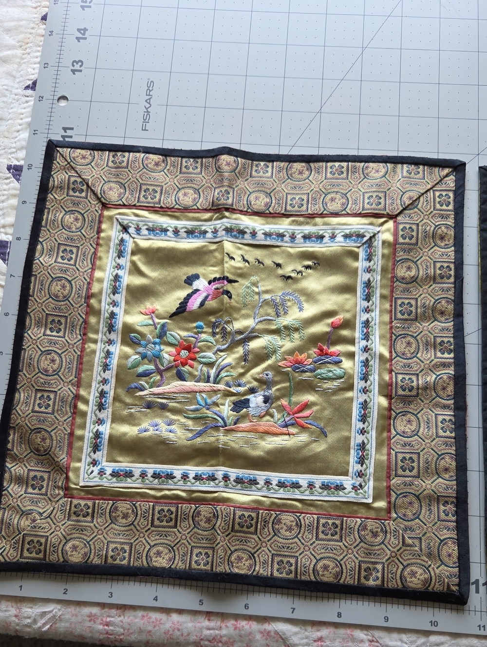 Embroidered Silk Wall Panel in Gold with Multicolor Floral Motif